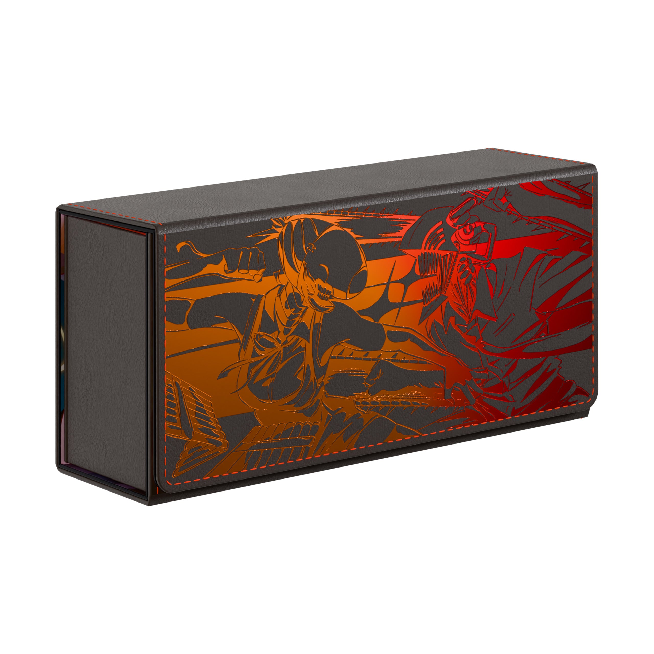 Dueling Guard EV 2.5 A Category of Deck box featuring the Bomb and Chainsaw Devil. The image depicts the holographic foil on the front of the box.