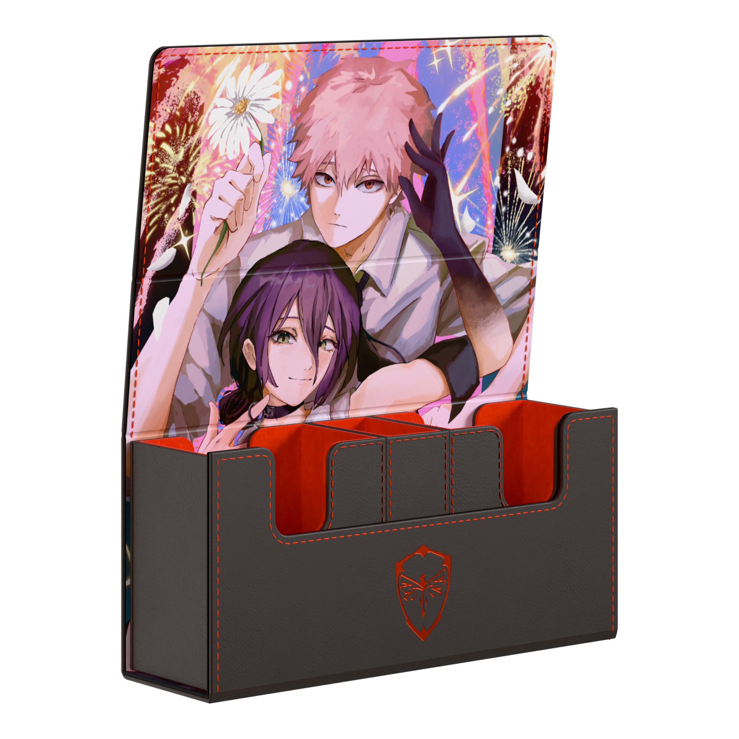 Dueling Guard EV 2.5 A Category of Deck box featuring the Bomb and Chainsaw Devil. The image depicts the view a customer will have when they lift up the front of the box. The Interior is printed on a microfiber material that's soft to the touch.