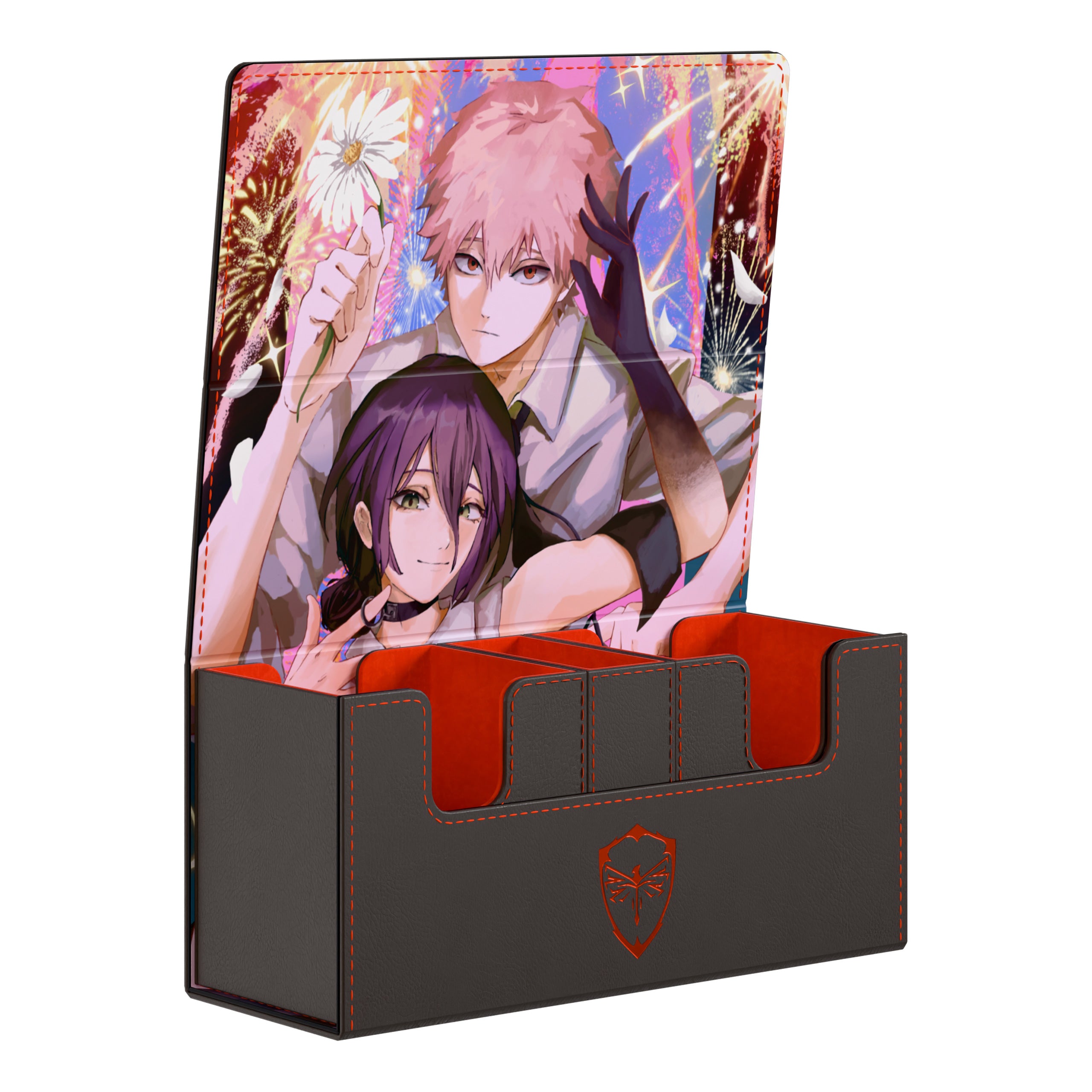 The EV 2.5 XL Deck box. This is a product geared towards players that want to be able to carry 100 plus sleeved cards. Specifically this depicts the Bomb and Chainsaw devil in their human forms. The front of the lid shows exactly what players can expect to see when they lift the lid to remove their trading cards.