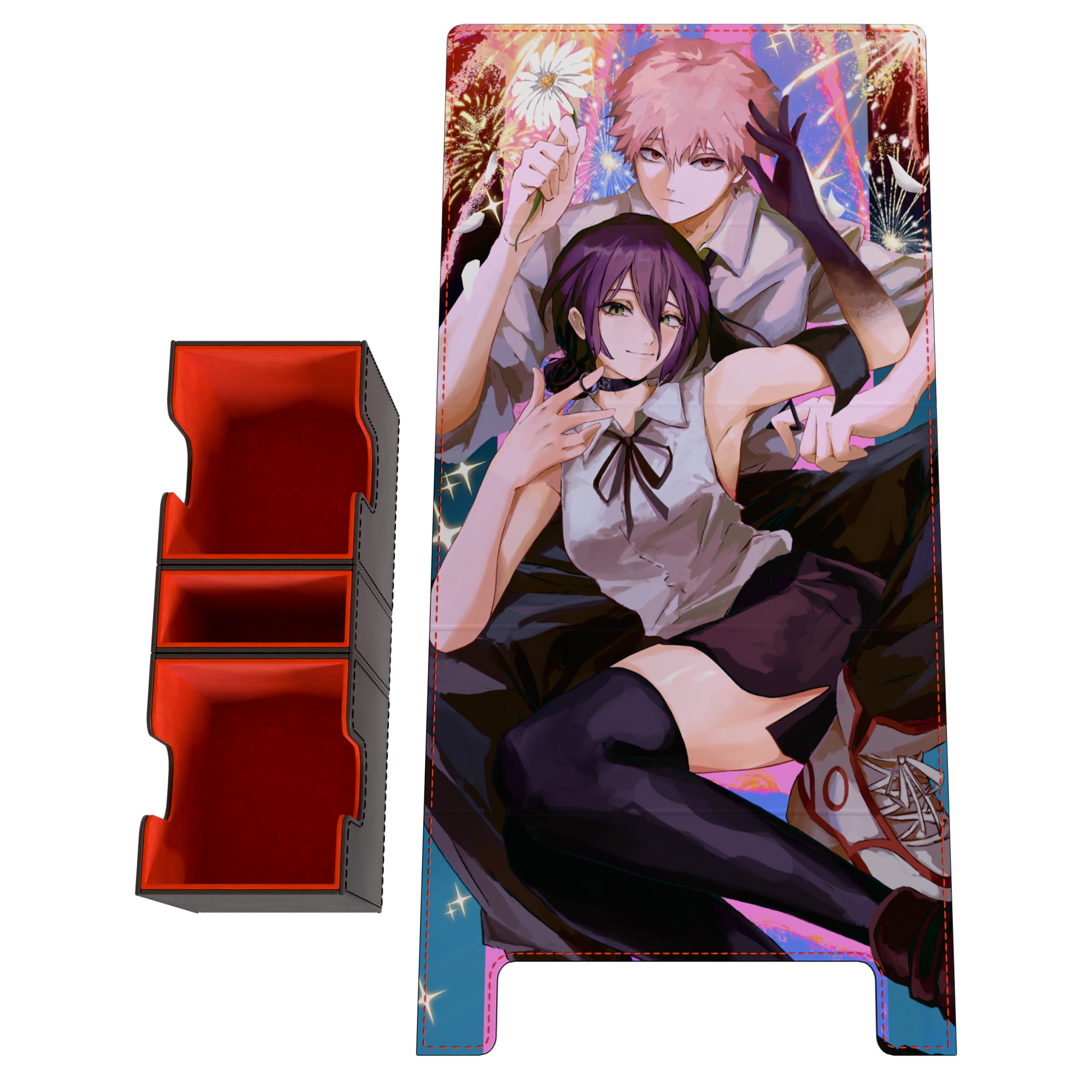 The EV 2.5 XL Deck box. This is a product geared towards players that want to be able to carry 100 plus sleeved cards. Specifically this depicts the Bomb and Chainsaw devil in their human forms. The front of the lid shows exactly what players can expect to see when they lift the lid completely from the cups of the EV 2.5.