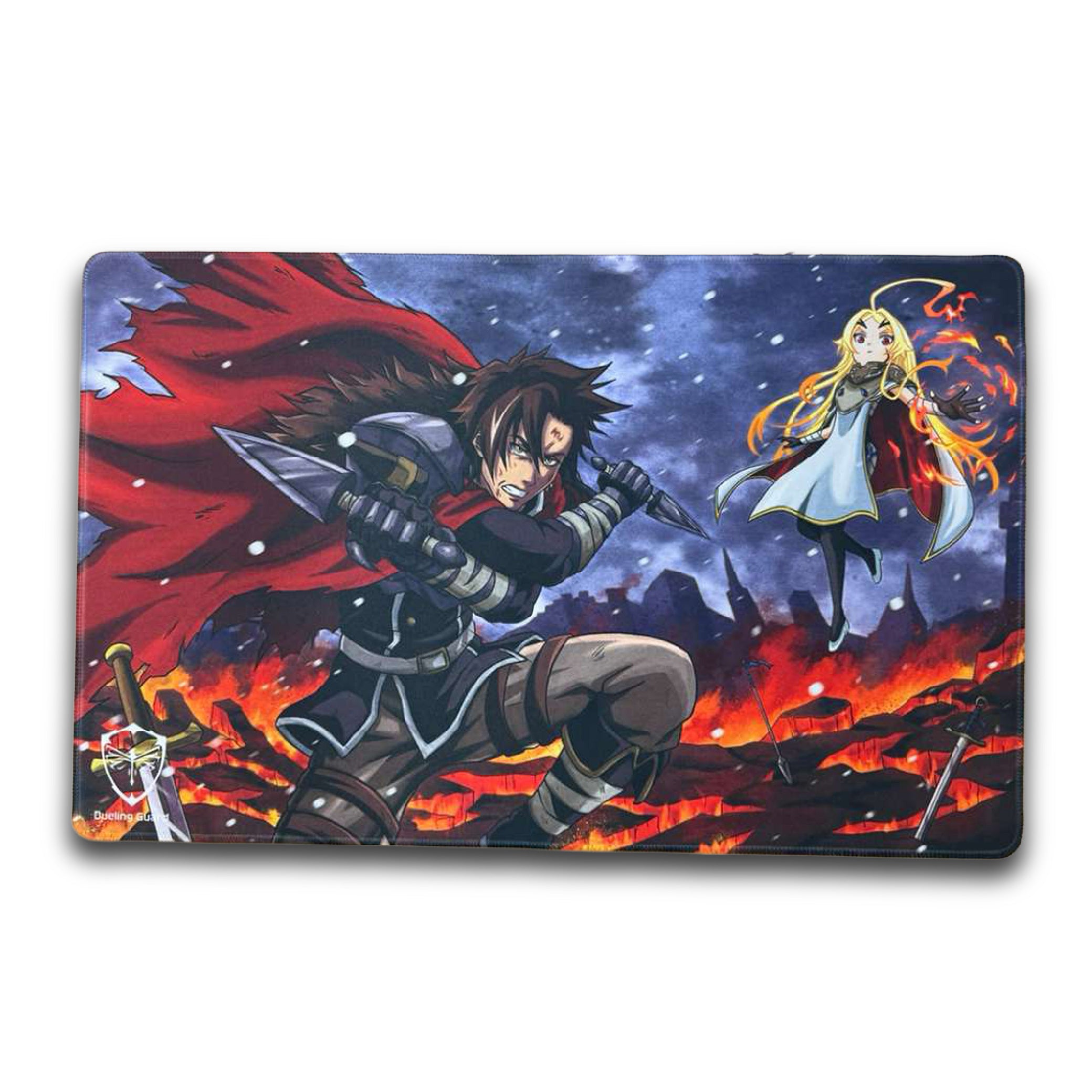 Mouse pad with anime-style artwork of two characters in a battle scene.