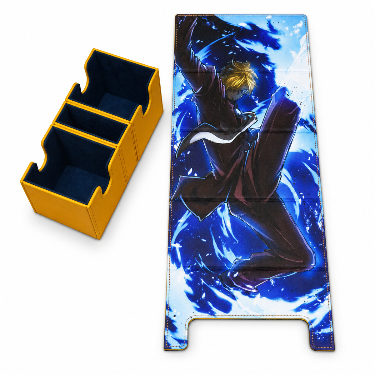 A trading card game accessory with an anime character surrounded by blue energy, shown next to a yellow and black three-compartment storage box on a white background.