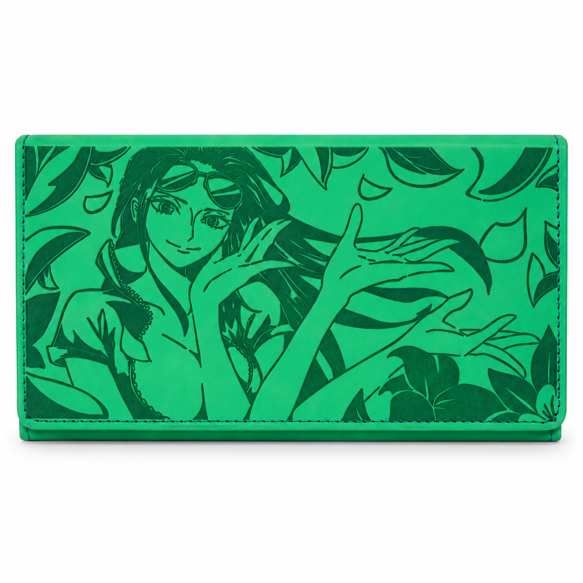 A green checkbook wallet featuring a monochrome green graphic illustration of a woman surrounded by tropical leaves, shown against a plain white background.
