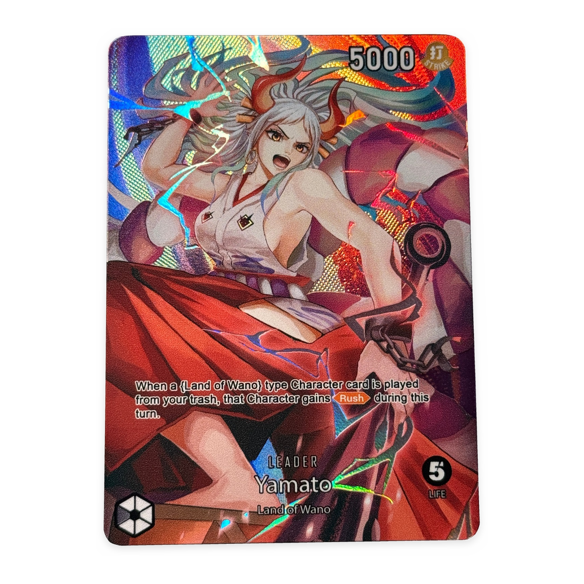 A holographic anime trading card featuring Yamato from Land of Wano, with a red and silver character illustration, 5000 power, and a shiny iridescent foil finish.