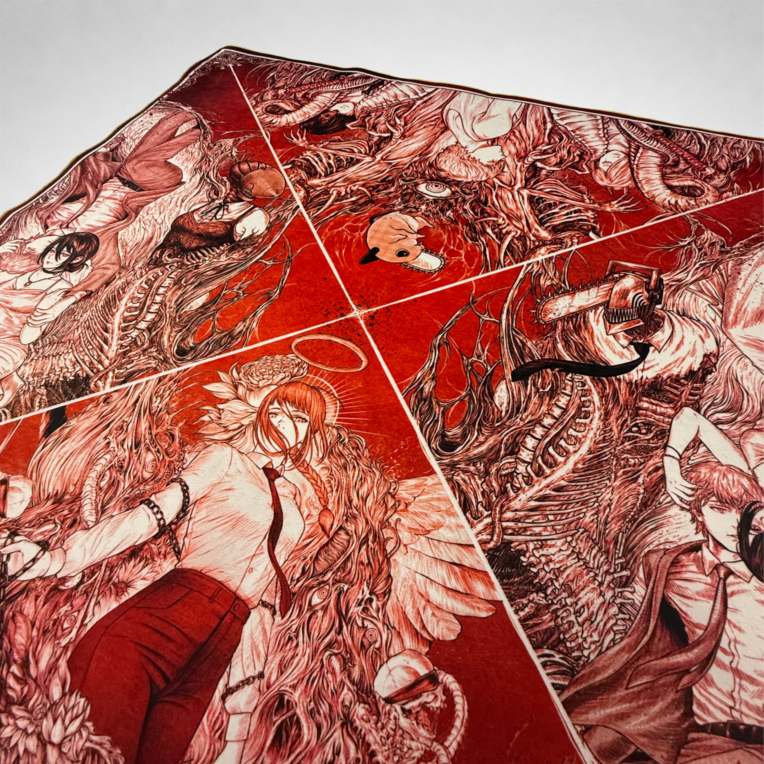 Artistic depiction of a character with long hair and traditional attire on a red background.