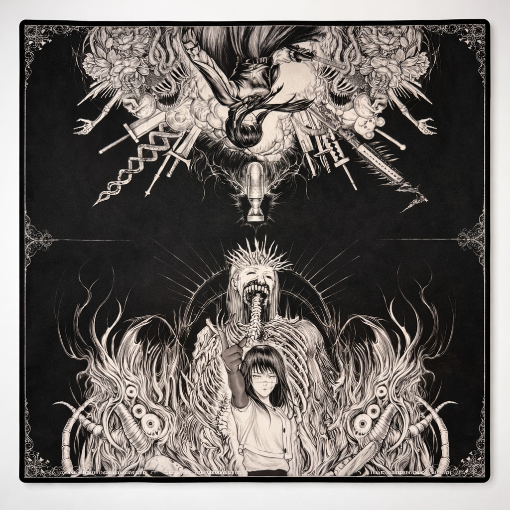 Artistic depiction of a person with monstrous creatures and weapons on a black background