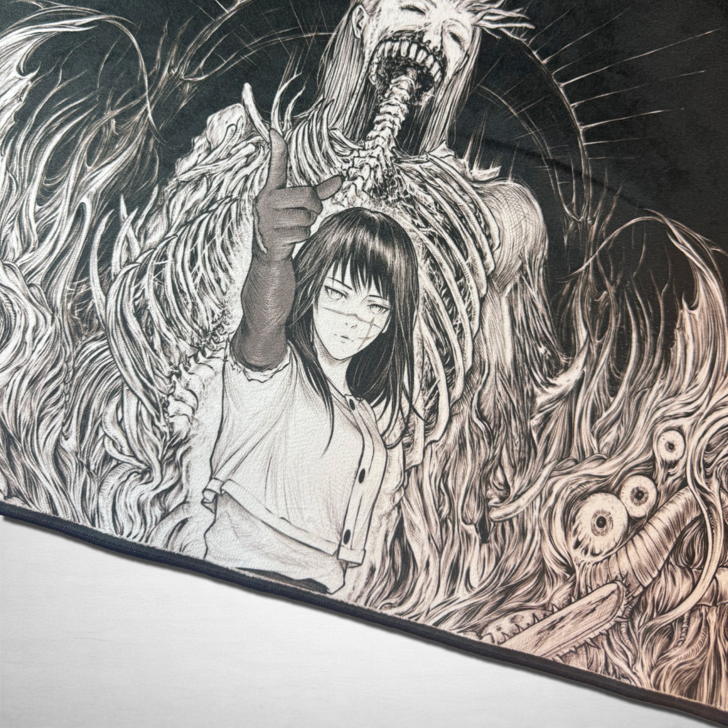 Illustration of a person with long hair and a creature in a dynamic pose on a dark background.