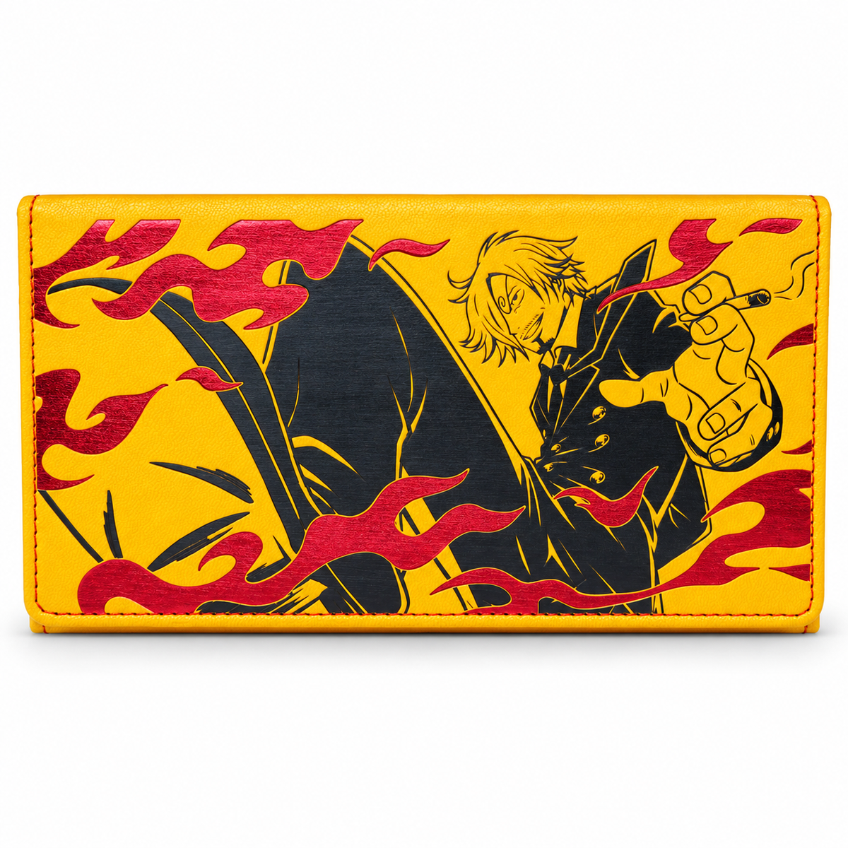 A yellow leather trading card game accessory featuring a printed anime illustration of a blond character in a black coat surrounded by red flames, shown against a plain white background.