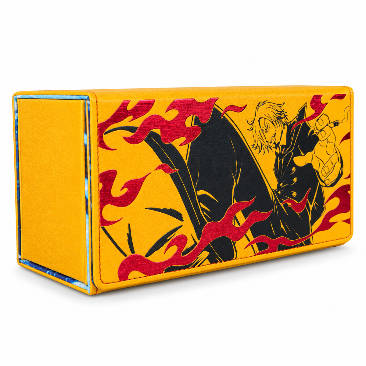 A rectangular yellow trading card game accessory box featuring a printed anime-style illustration of a character in black with red flame-like shapes, shown on a clean white background.