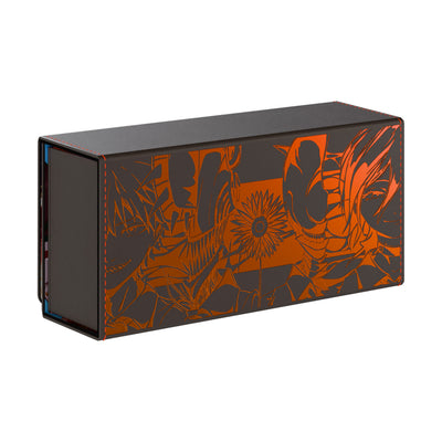 Dueling Guard EV 2.5 A Category of Deck box featuring the Bomb and Chainsaw Devil. The image depicts the holographic foil on the back of the box.  of the box. 