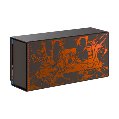 Dueling Guard EV 2.5 A Category of Deck box featuring the Bomb and Chainsaw Devil. The image depicts the holographic foil on the back of the box.  of the box. 