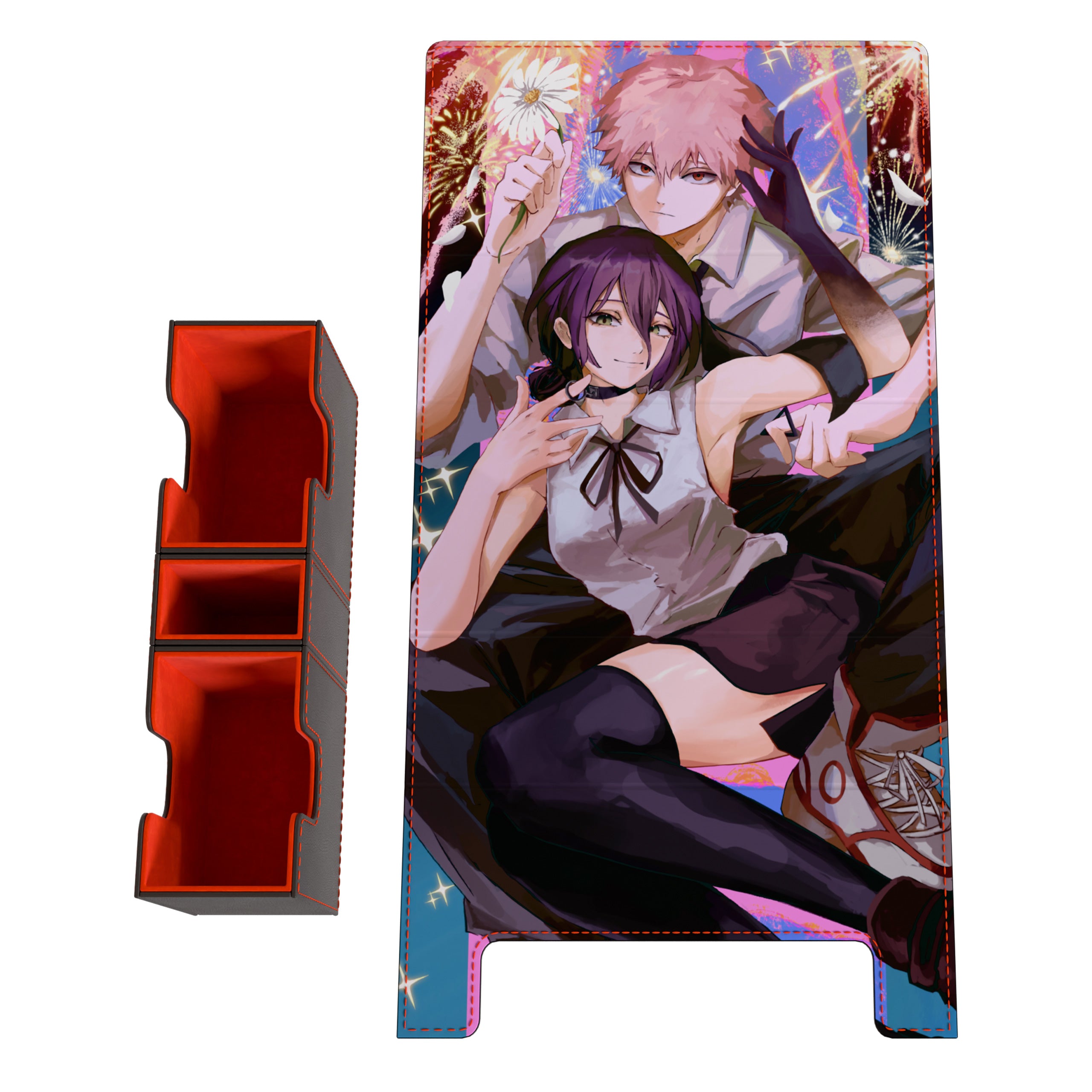 Dueling Guard EV 2.5 A Category of Deck box featuring the Bomb and Chainsaw Devil. The image depicts the Modular design and what players can expect when the cover is removed the box. The image also depicts the microfiber lined cups that come apart. 