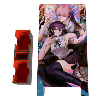 Dueling Guard EV 2.5 A Category of Deck box featuring the Bomb and Chainsaw Devil. The image depicts the Modular design and what players can expect when the cover is removed the box. The image also depicts the microfiber lined cups that come apart. 