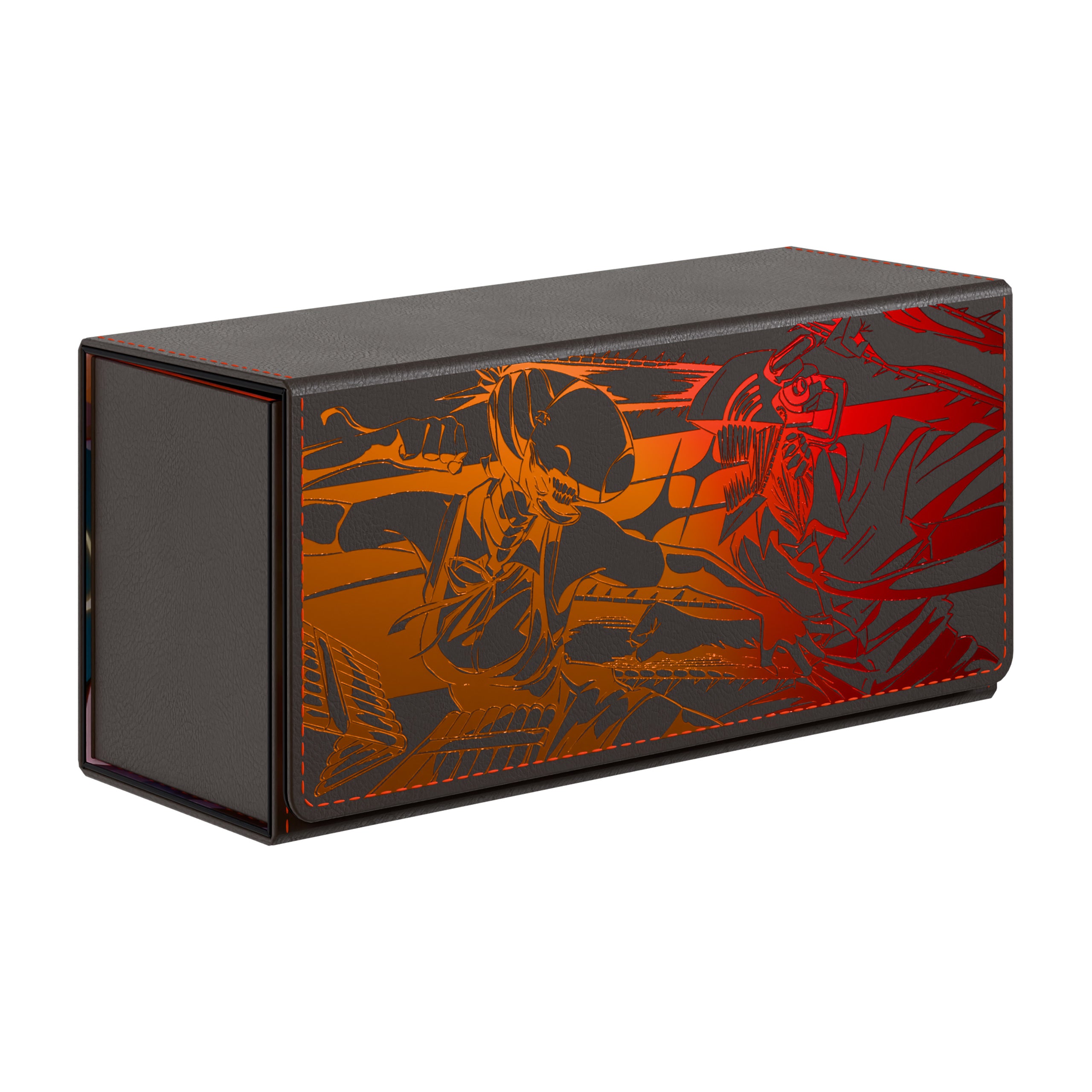 The EV 2.5 XL Deck box. This is a product geared towards players that want to be able to carry 100 plus sleeved cards. Specifically this depicts the Bomb and Chainsaw devil in Holographic relief on the front of the box. 