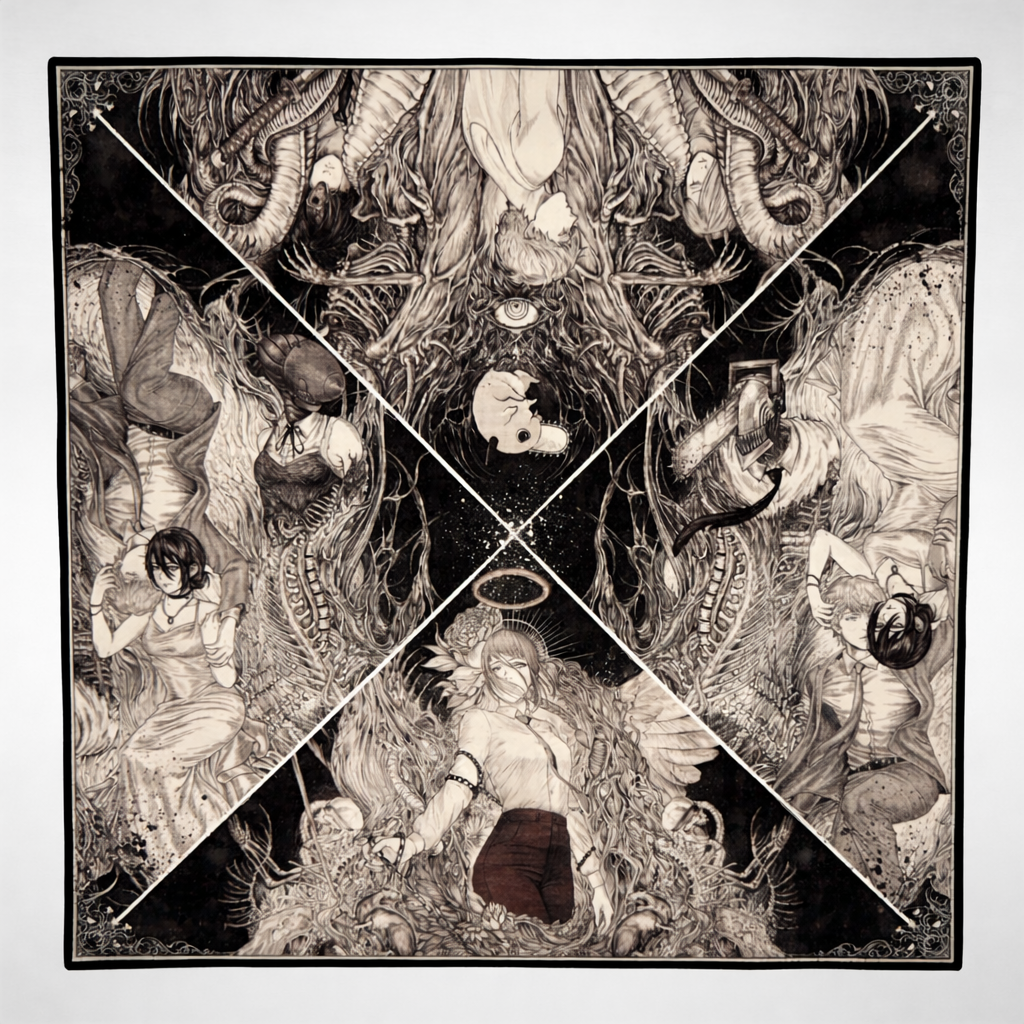 Black and white intricate artwork divided into six sections on a white background