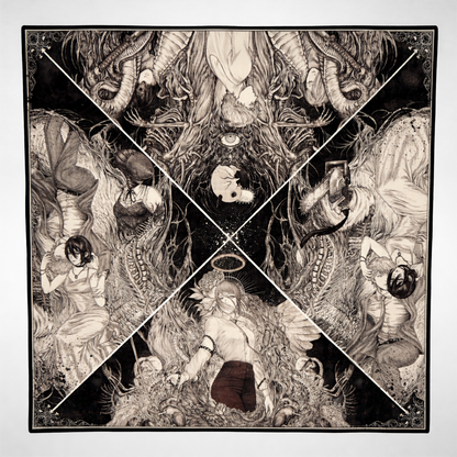 Black and white intricate artwork divided into six sections on a white background