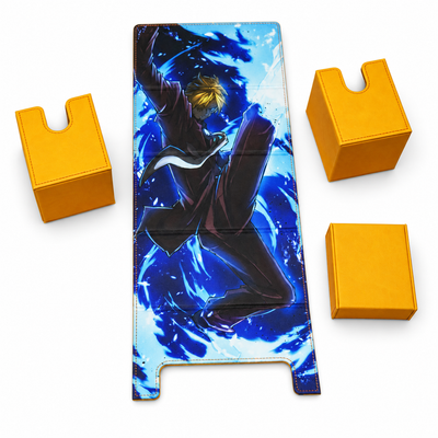 A trading card game accessory with an anime character surrounded by blue energy, shown next to a yellow and black three-compartment storage box on a white background.