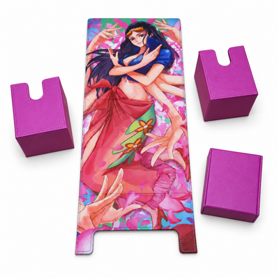 A rectangular art print featuring an anime-style illustration of a woman with multiple arms, displayed on a white background alongside four magenta card boxes.