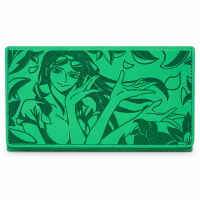 A green checkbook wallet featuring a monochrome green graphic illustration of a woman surrounded by tropical leaves, shown against a plain white background.