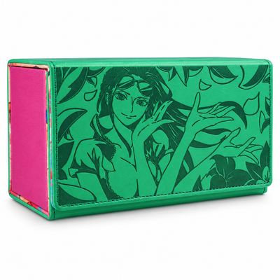 A green rectangular clutch or wallet with a printed anime-style female character and leaf pattern on the front, shown at an angle against a white background. The side of the wallet reveals a bright pink interior.