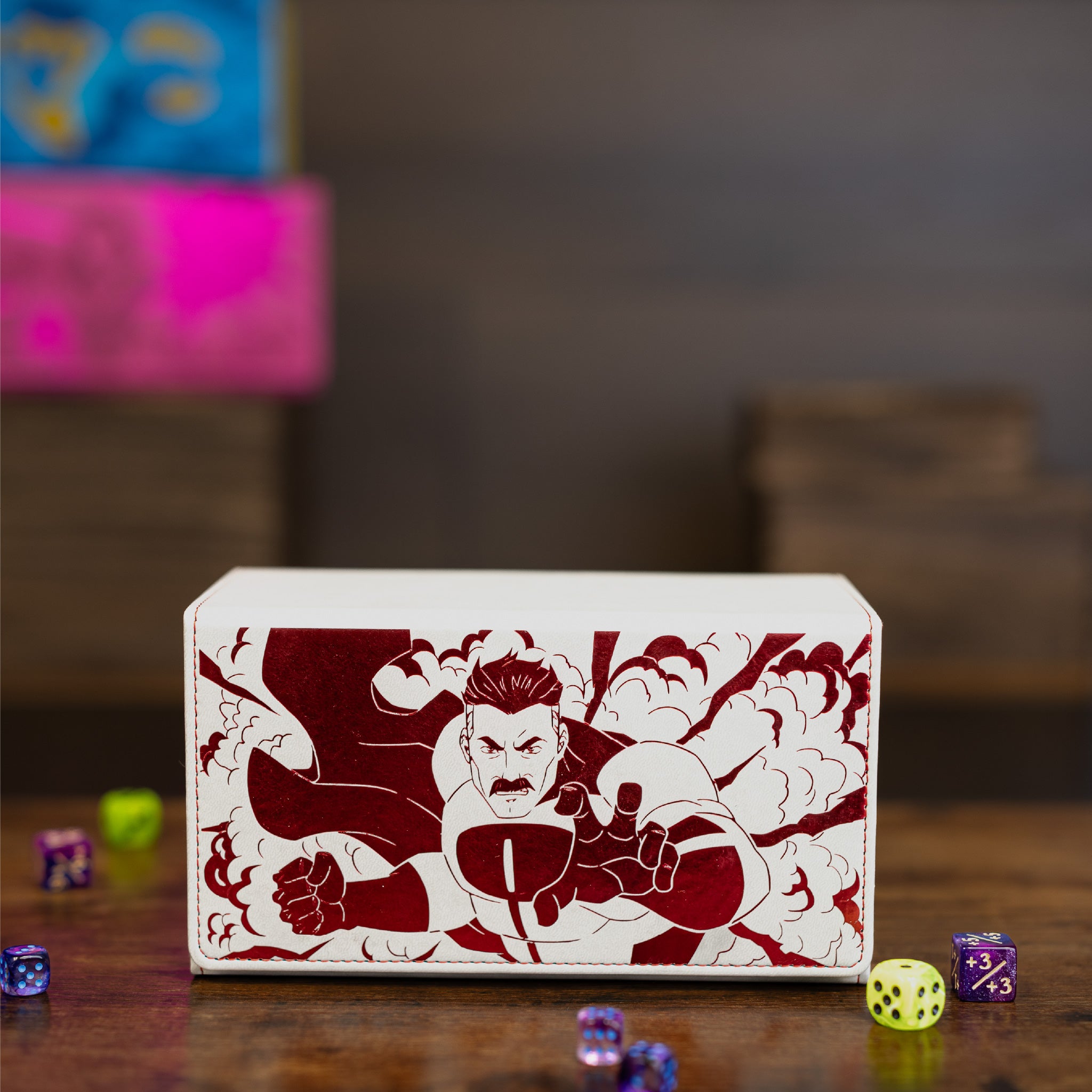 Card game box with a stylized illustration of a character on a wooden surface with dice around.