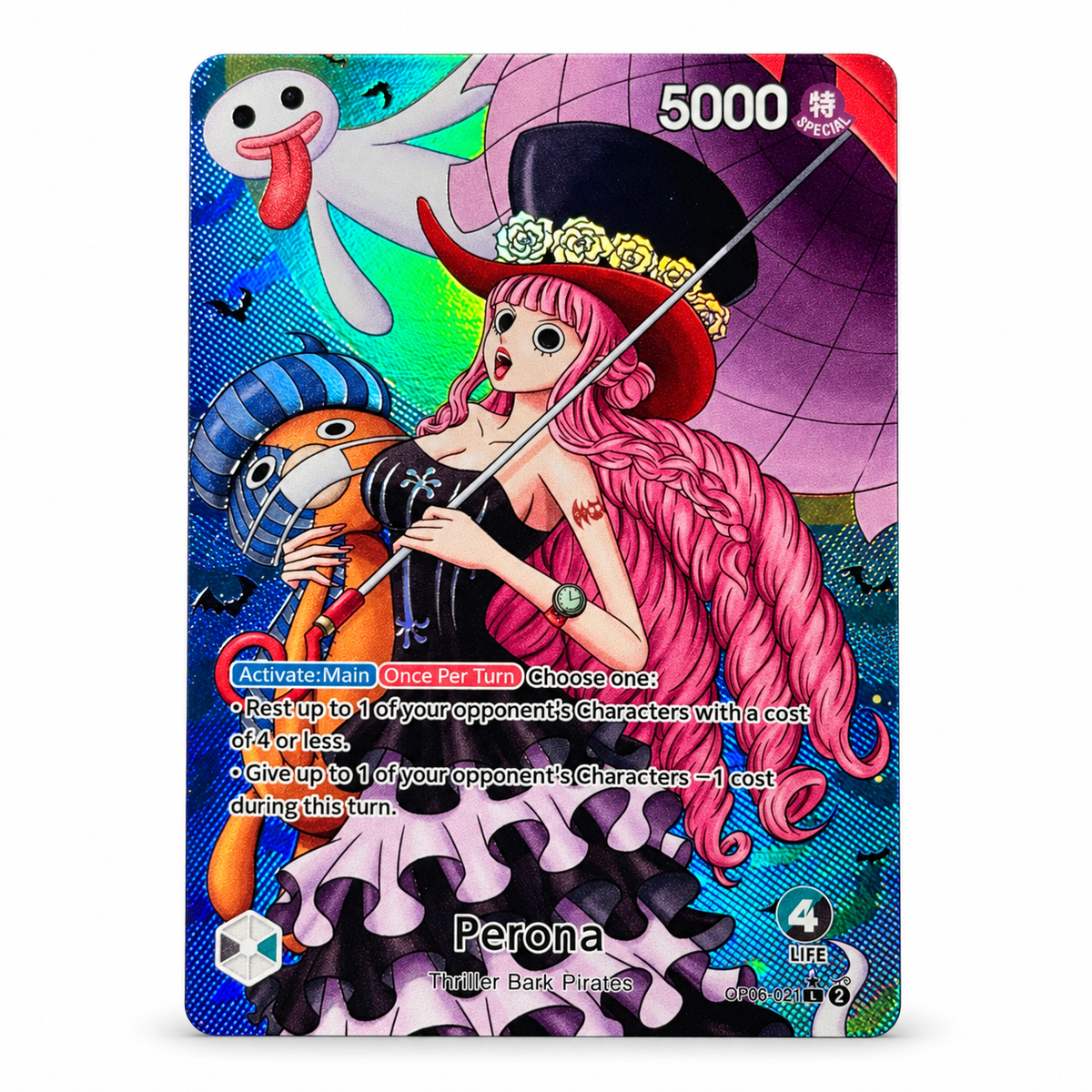 A holographic trading card featuring the anime character Perona from One Piece, with a pink-haired witch outfit, a ghost companion, and game text including '5000' and character stats.