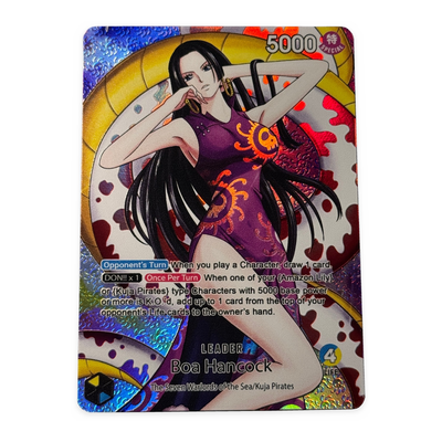 A holographic trading card featuring the anime character Boa Hancock, with a purple dress, long black hair, and a gold circular background. The card has a blue and purple splattered border and a shiny reflective finish.