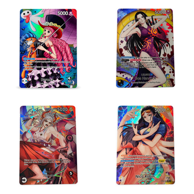 Four holographic anime trading cards arranged in a 2x2 grid on a plain white background. The cards feature colorful character illustrations and text boxes, with visible names including Nico Robin and Pina.