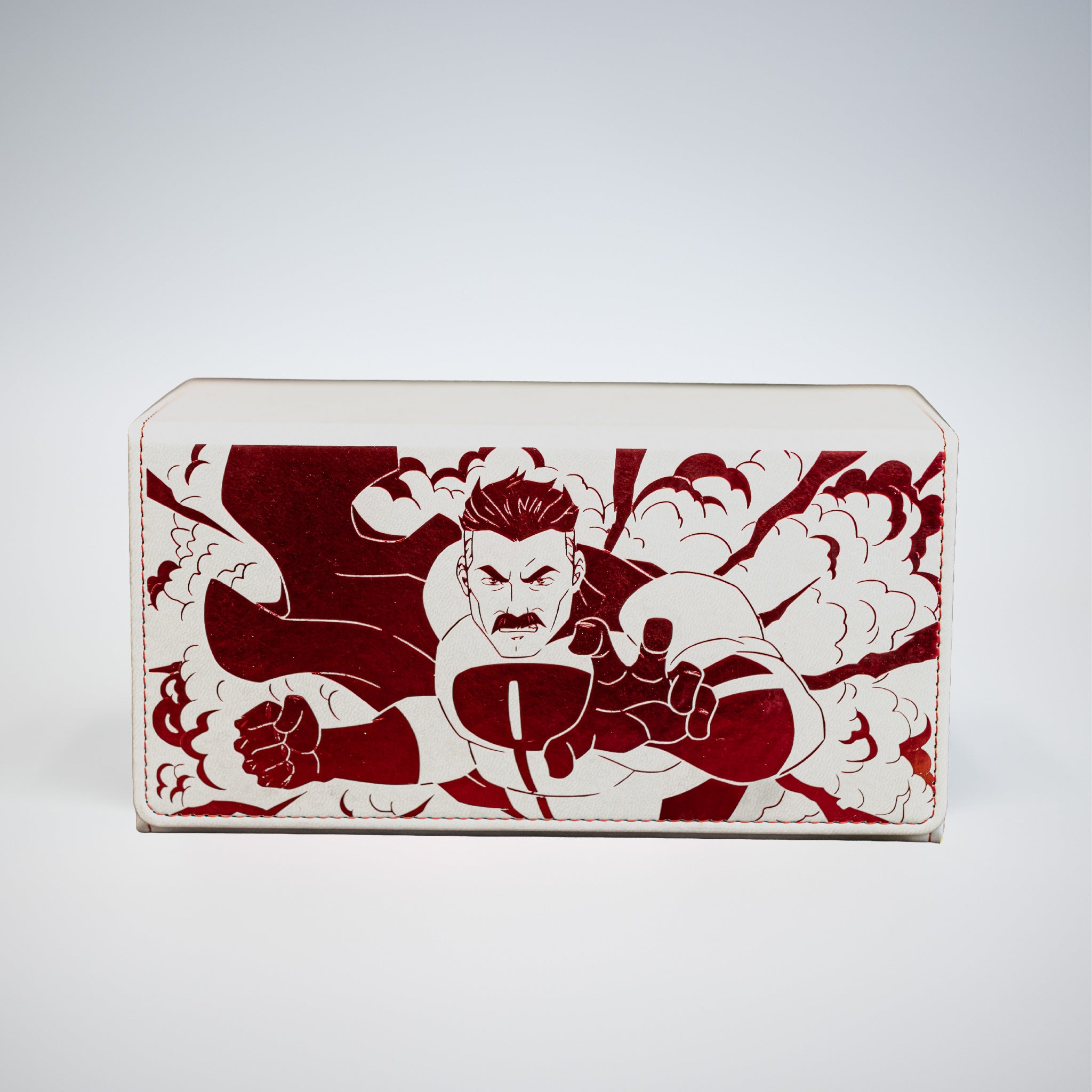 Wallet with red and white graphic design on a light gray background
