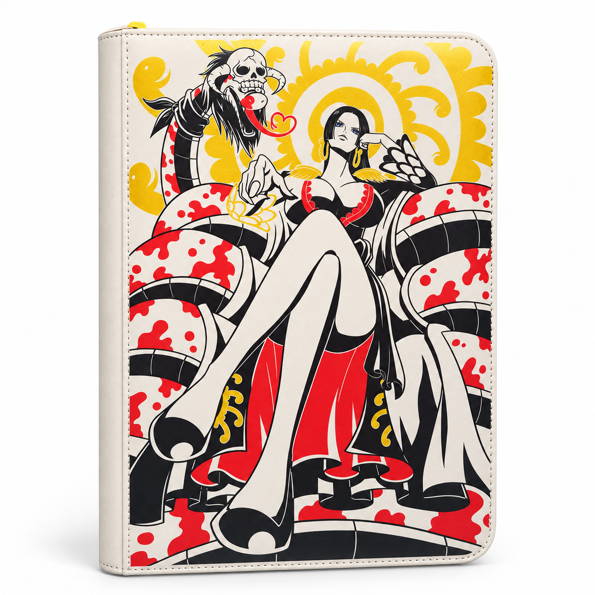 A cream-colored faux leather binder featuring a detailed anime illustration of a woman in a red and black outfit seated on a striped throne, with a yellow sunburst background and a skull-faced figure behind her.