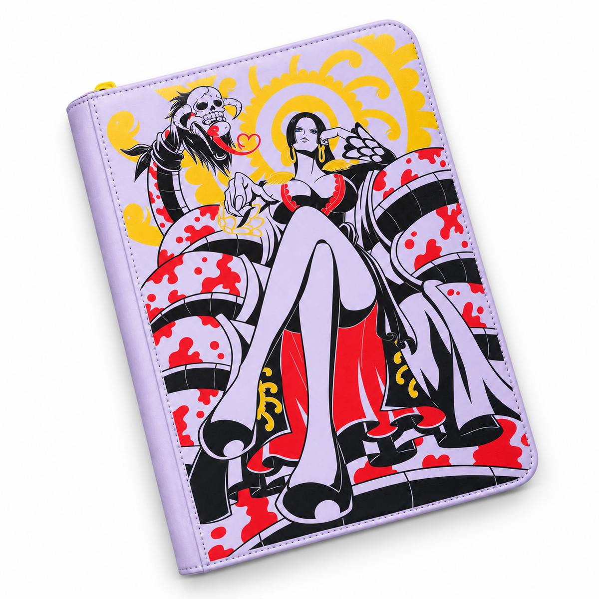 A purple faux-leather zippered binder featuring a colorful graphic print of a stylized anime character with a skull and red blood splatters, shown on a clean white background.