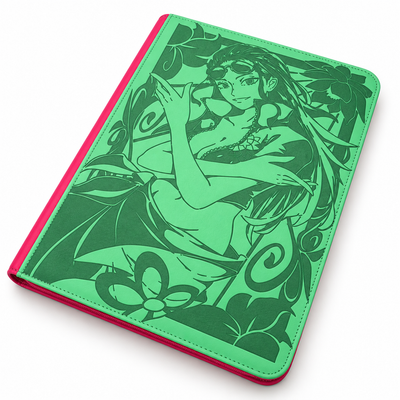 A green folio-style binder with a detailed anime-style illustration of a woman in a tropical setting, featuring a bright pink edge trim on a white background.