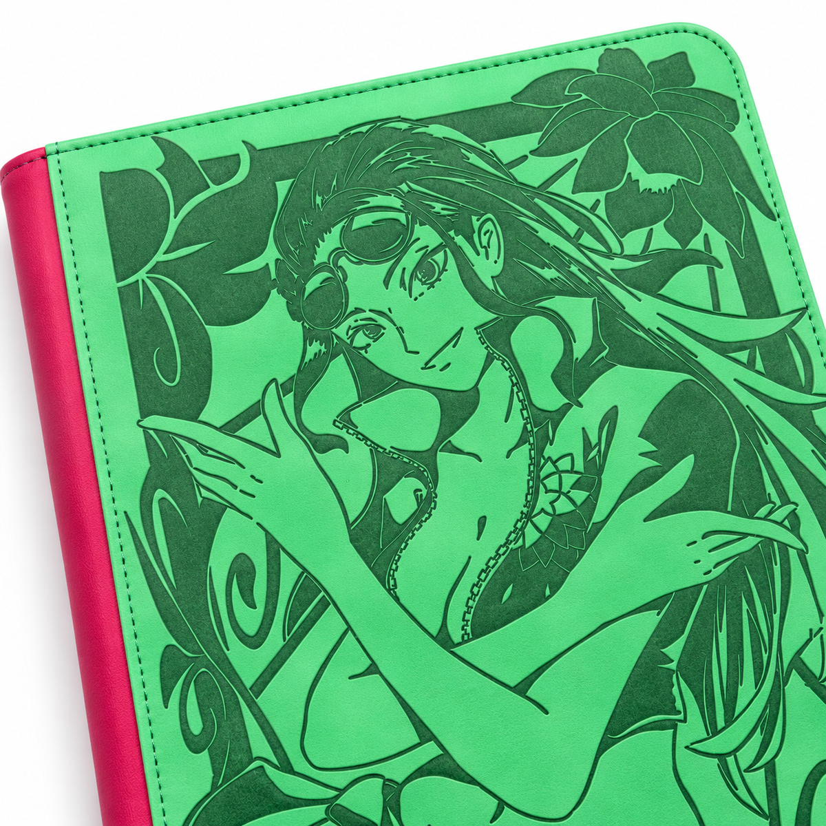 A green faux leather binder featuring an embossed anime-style illustration of a woman, shown on a white background.