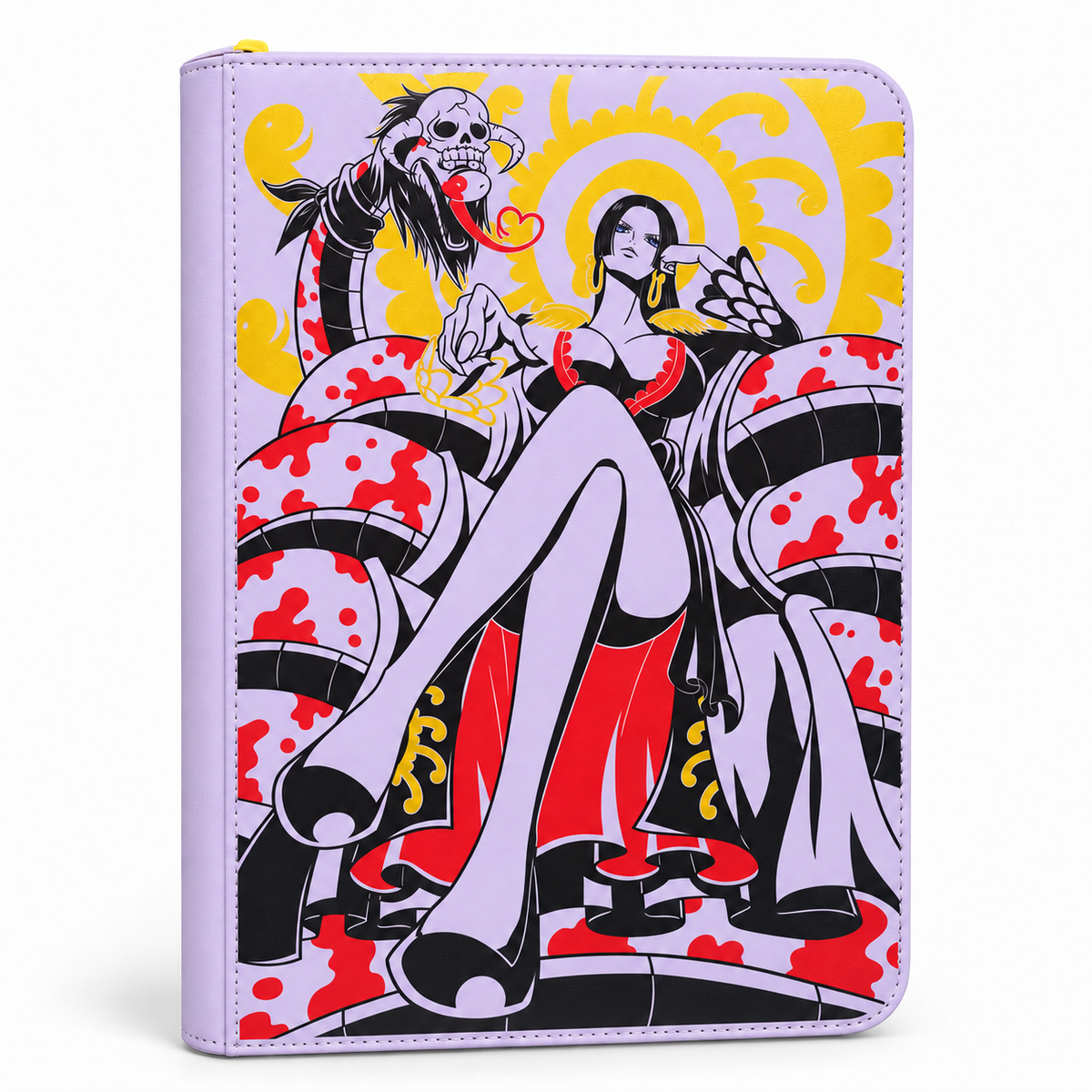 A light purple leather folio binder featuring a detailed anime illustration of a seated female character with a skull-headed creature behind her, in red, black, white, and yellow on a clean white background.