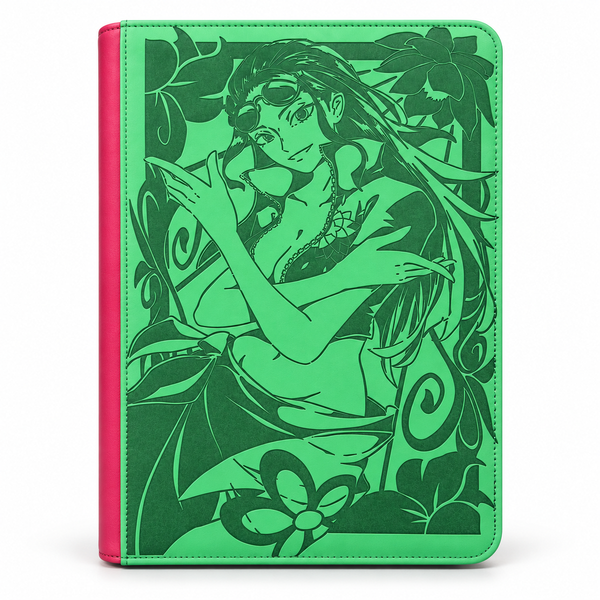 A green folio-style binder with a detailed green line-art illustration of a woman surrounded by floral motifs, shown against a plain white background.