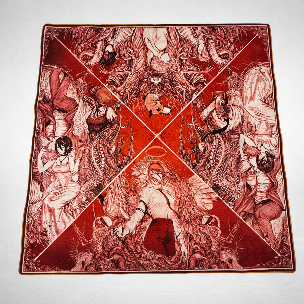 Decorative red fabric with intricate black designs on a red background