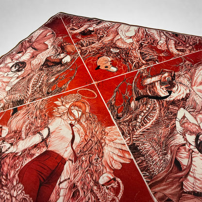 Artistic depiction of a character with long hair and traditional attire on a red background.