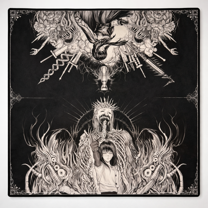 Artistic depiction of a person with monstrous creatures and weapons on a black background