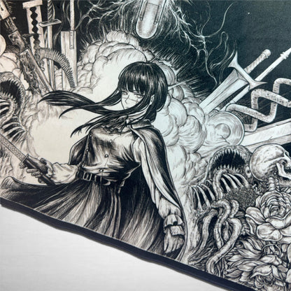 Black and white illustration of Yoru with long hair holding a sword amidst a chaotic scene with weapons and skeletons. Very Heavy Metal