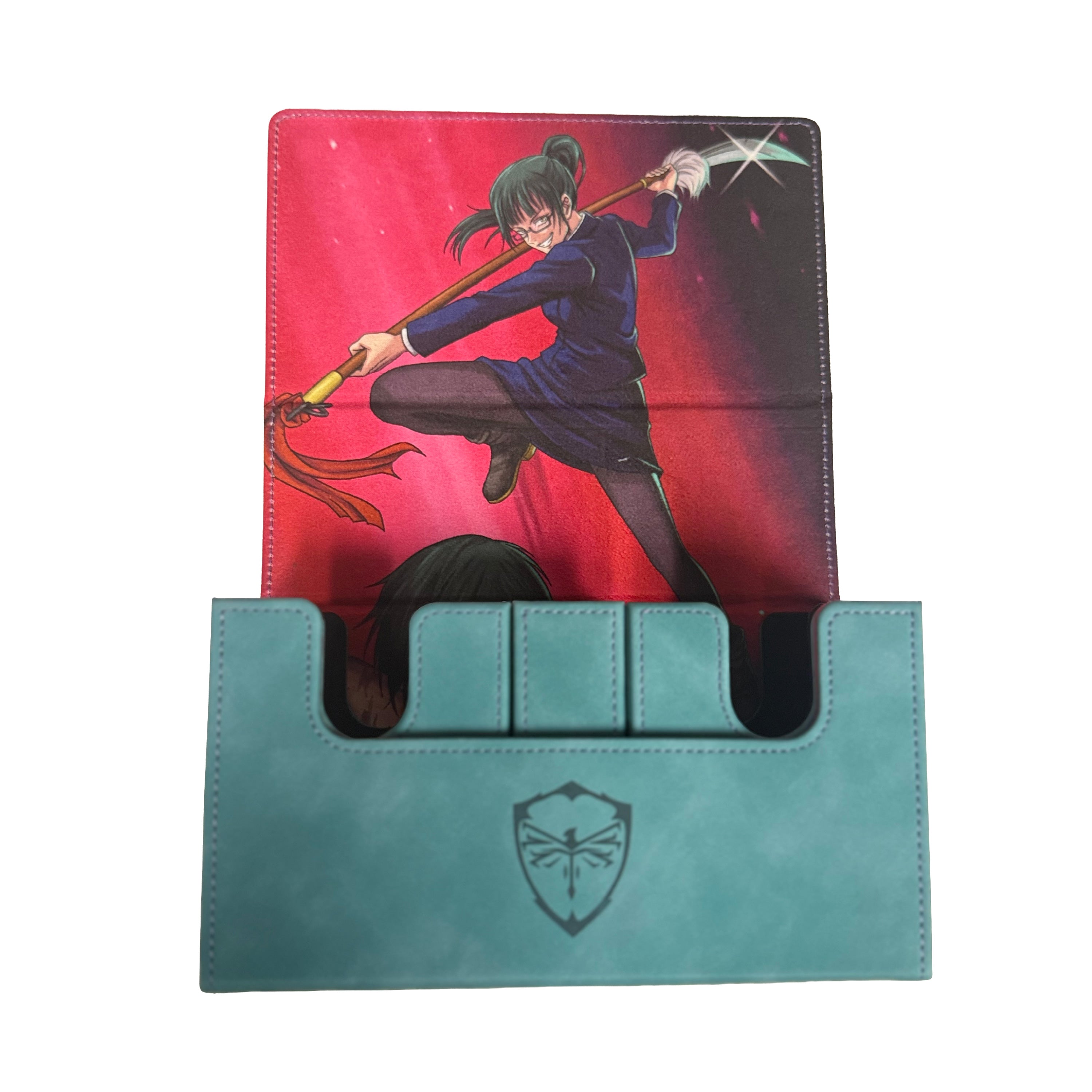 Teal Premium deckbox with anime-style character on a red background